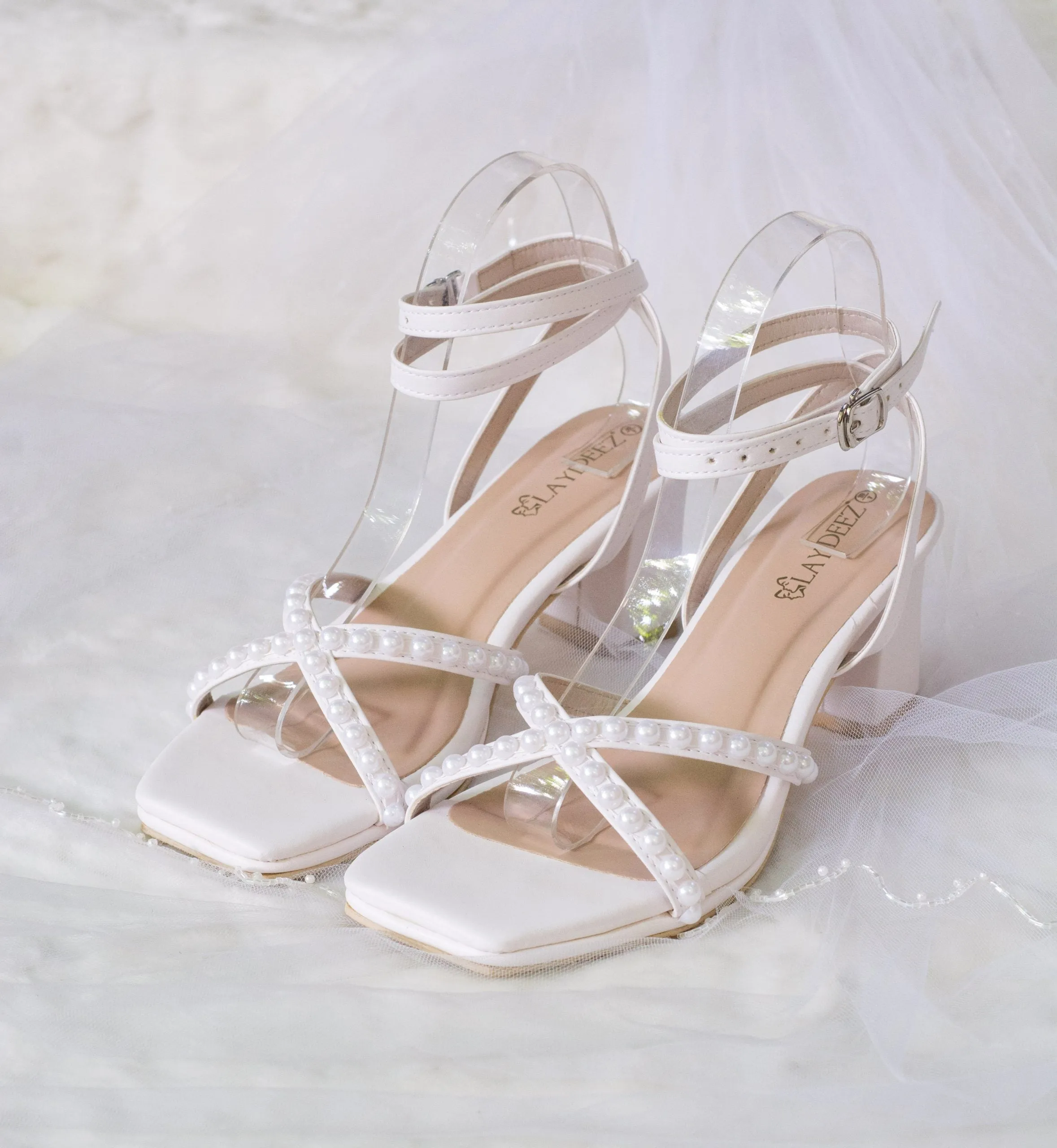 Pearl Born Square Toe Block Heels