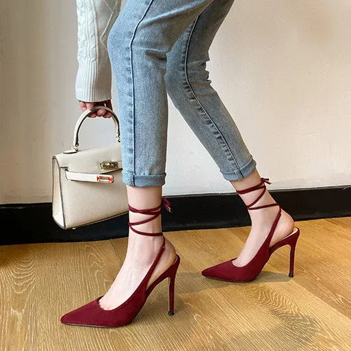 Petite Size 1 Cross Strap Suede Heels For Women DS181