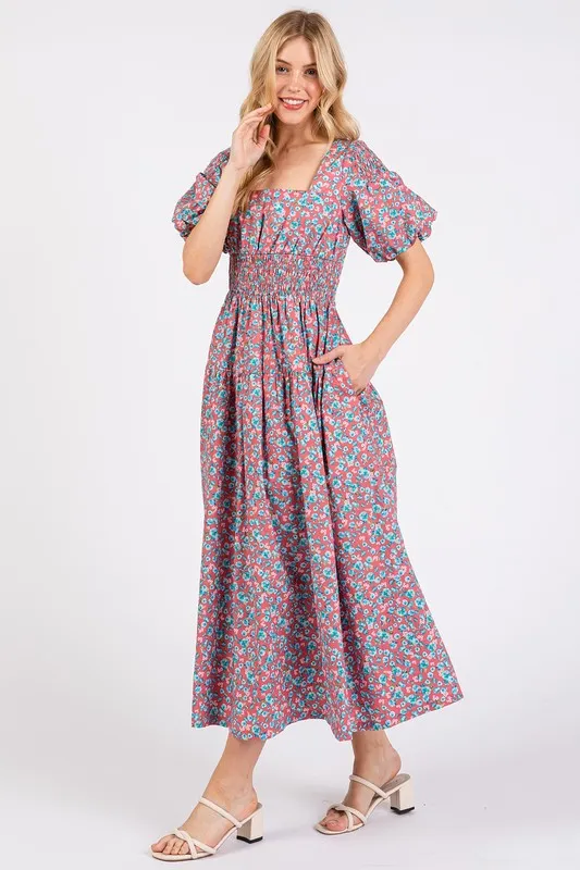 Pink Smocked Floral Square Neck Puff Sleeve Midi Dress