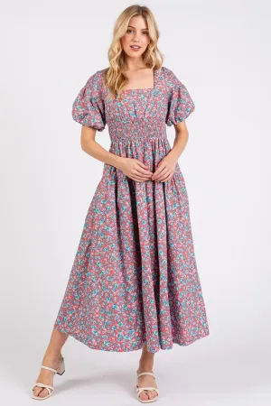 Pink Smocked Floral Square Neck Puff Sleeve Midi Dress