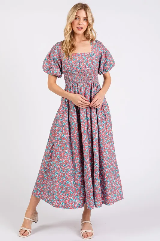 Pink Smocked Floral Square Neck Puff Sleeve Midi Dress