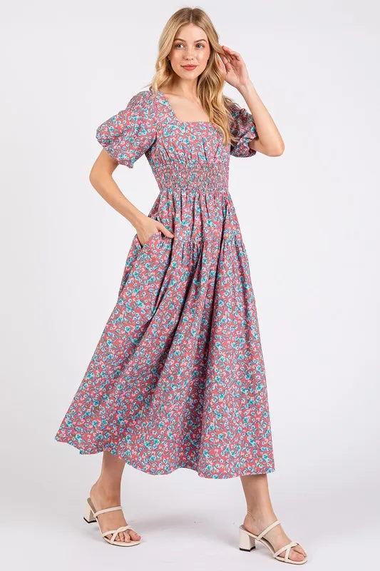 Pink Smocked Floral Square Neck Puff Sleeve Midi Dress