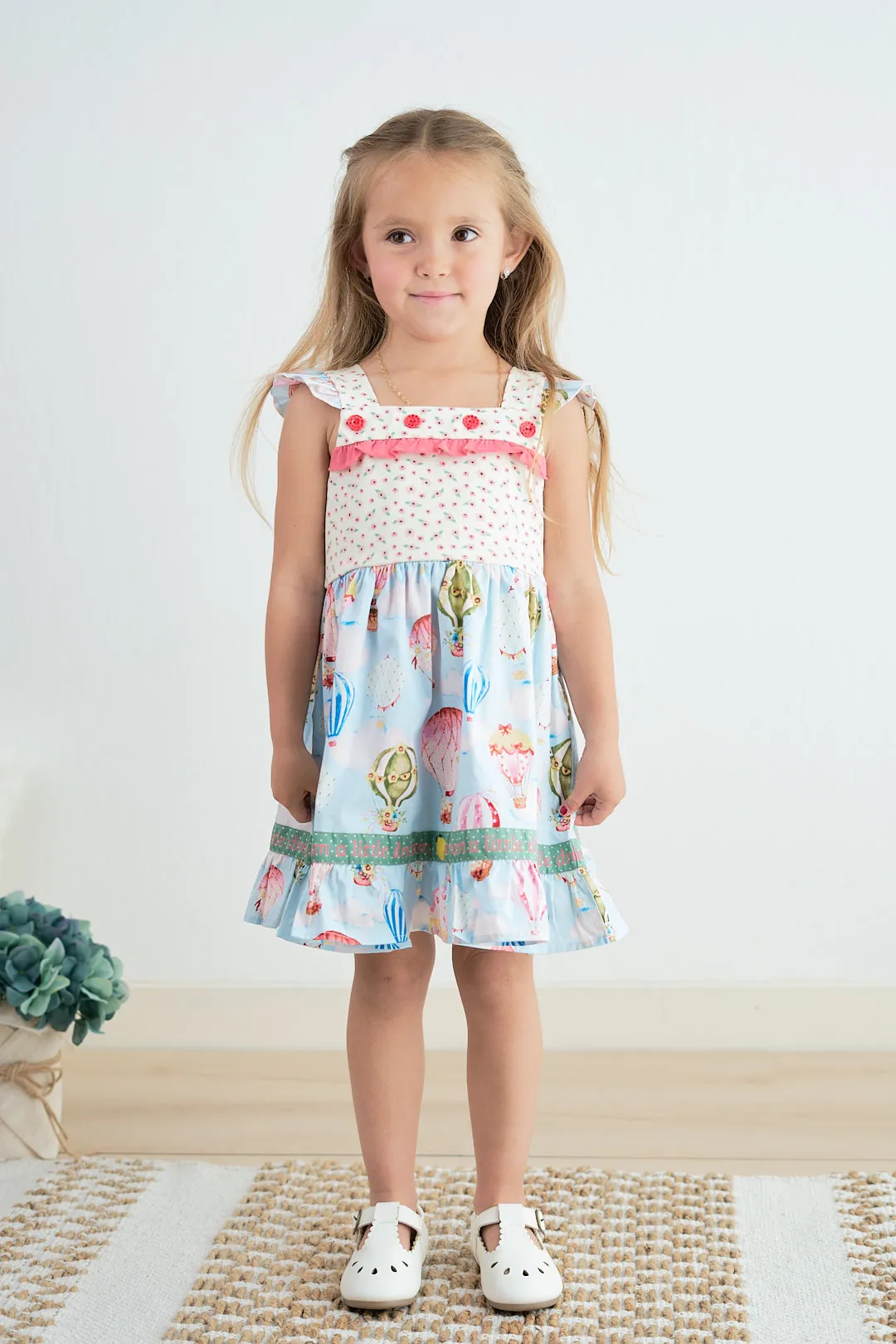 Platinum Balloon Print Floral Flutter Trim Dress