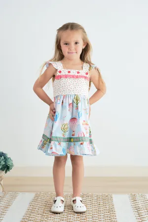 Platinum Balloon Print Floral Flutter Trim Dress