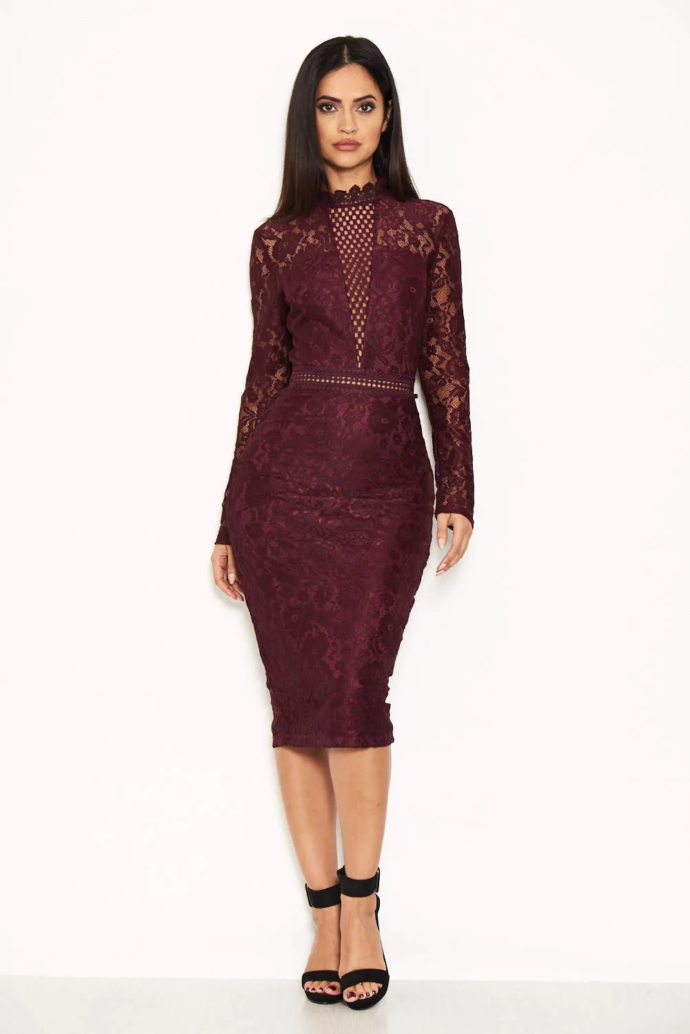 Plum High Neck Lace Dress With Frill Hem