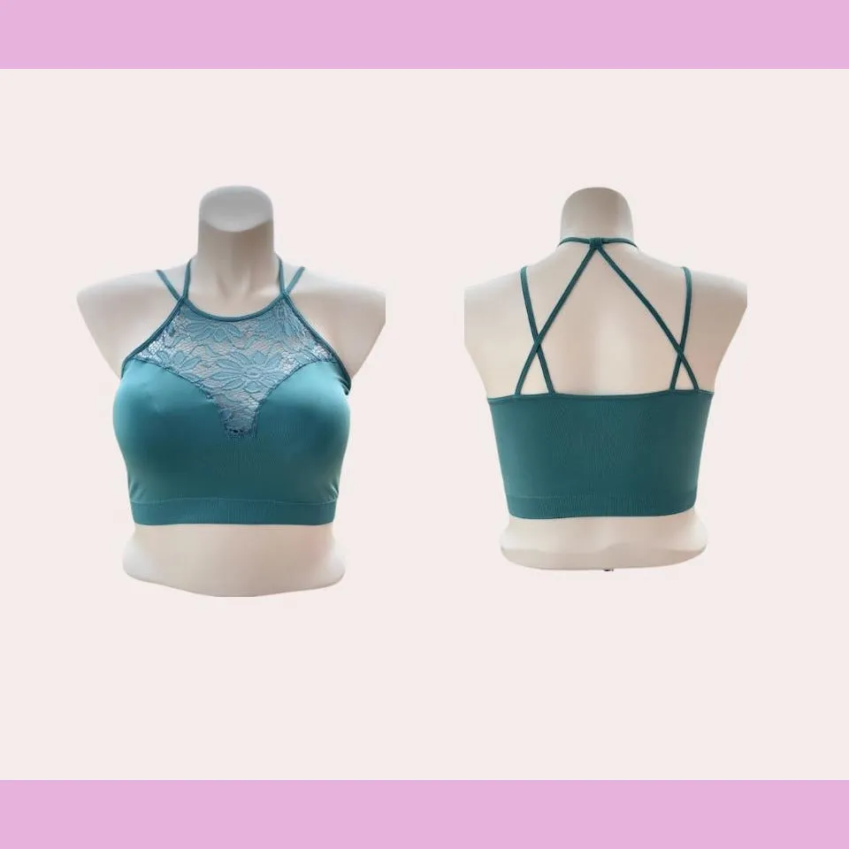 Plus dusty teal high neck lace bralette