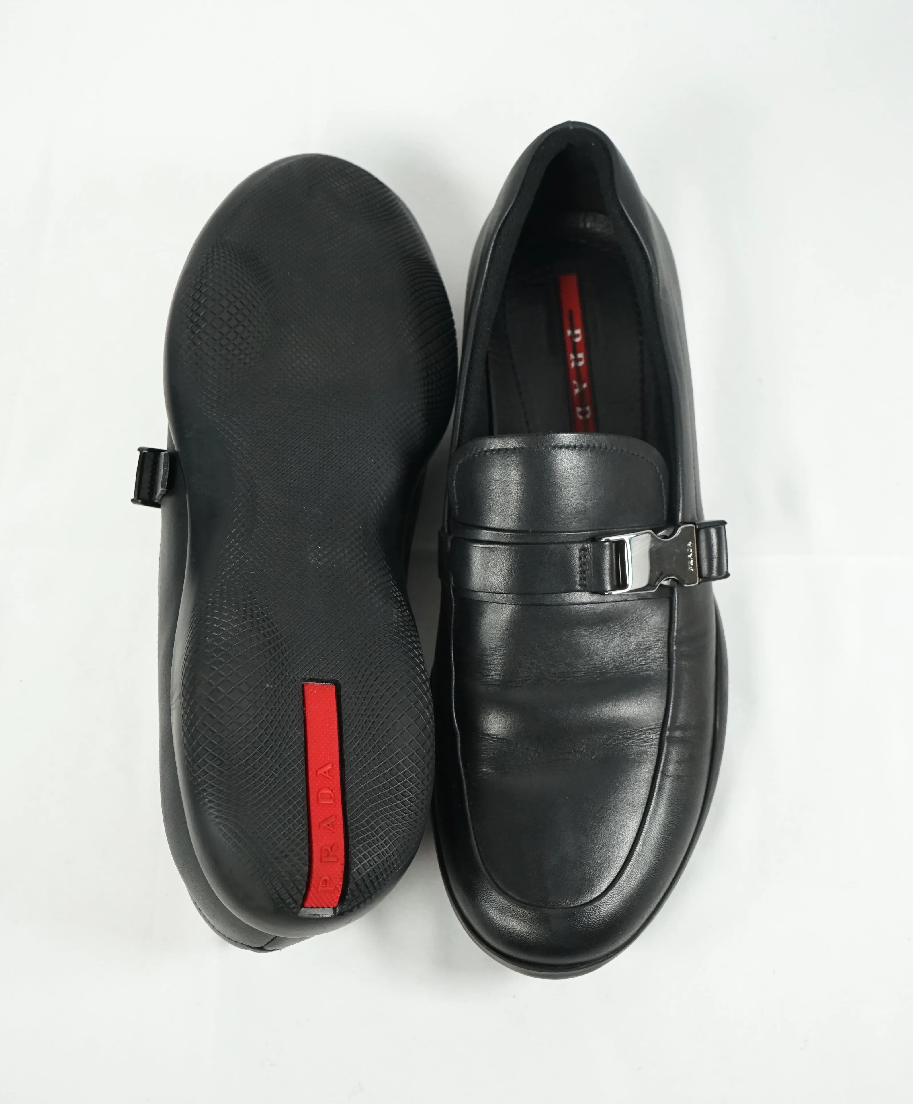 PRADA - Linea Rossa Engraved Logo Buckle Loafers  - 9