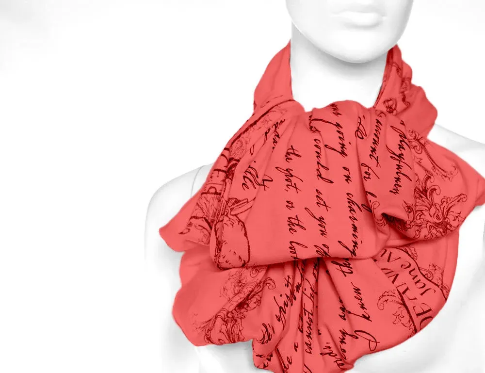 Pride and Prejudice book scarf by Jane Austen CORAL