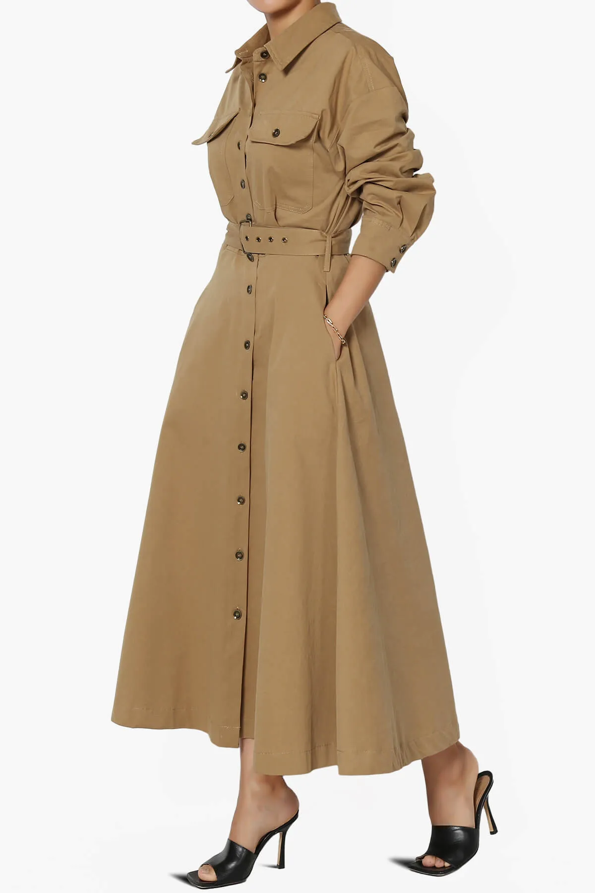 Raffia Twill Button Down Long Shirt Dress