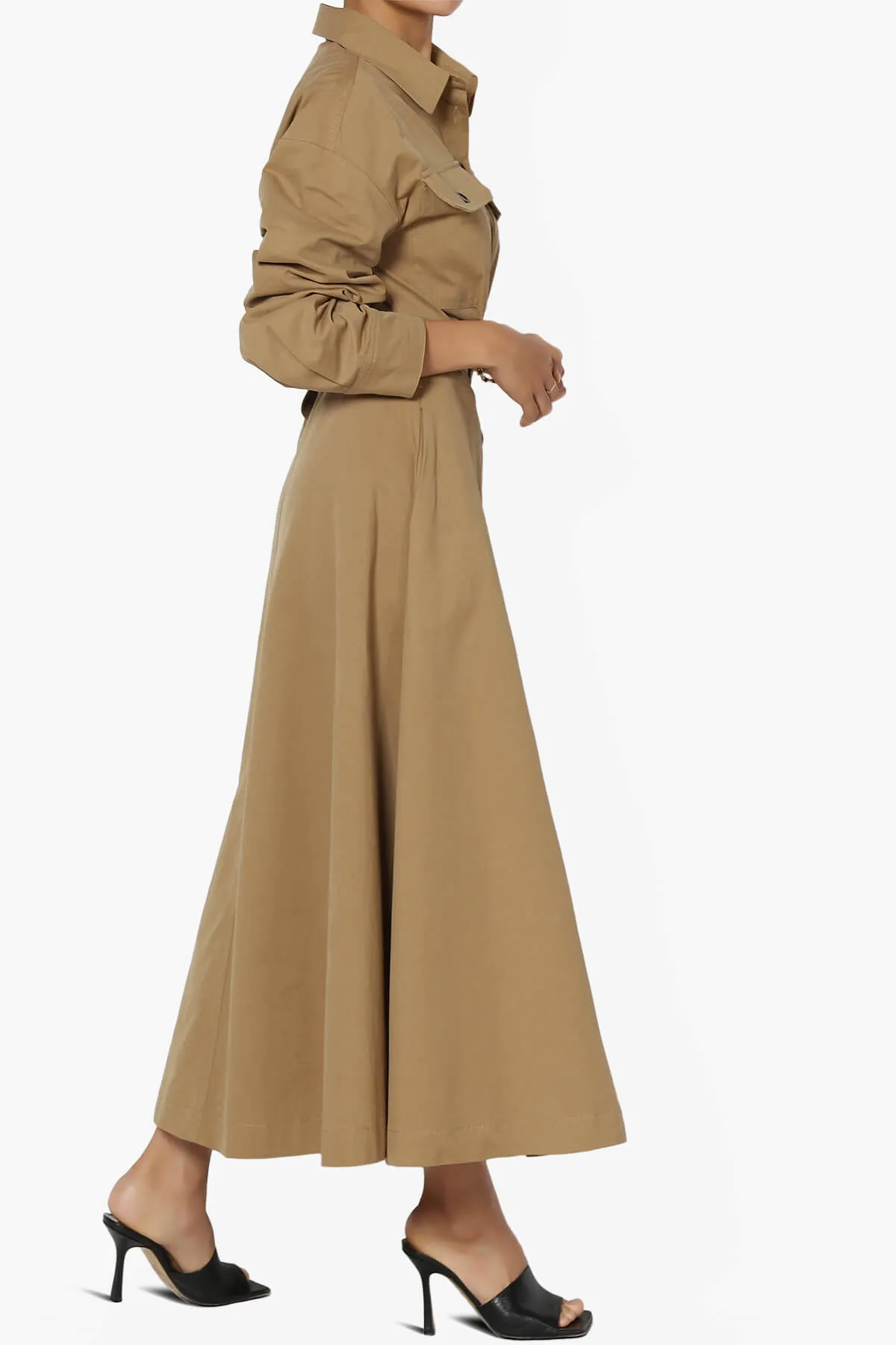 Raffia Twill Button Down Long Shirt Dress