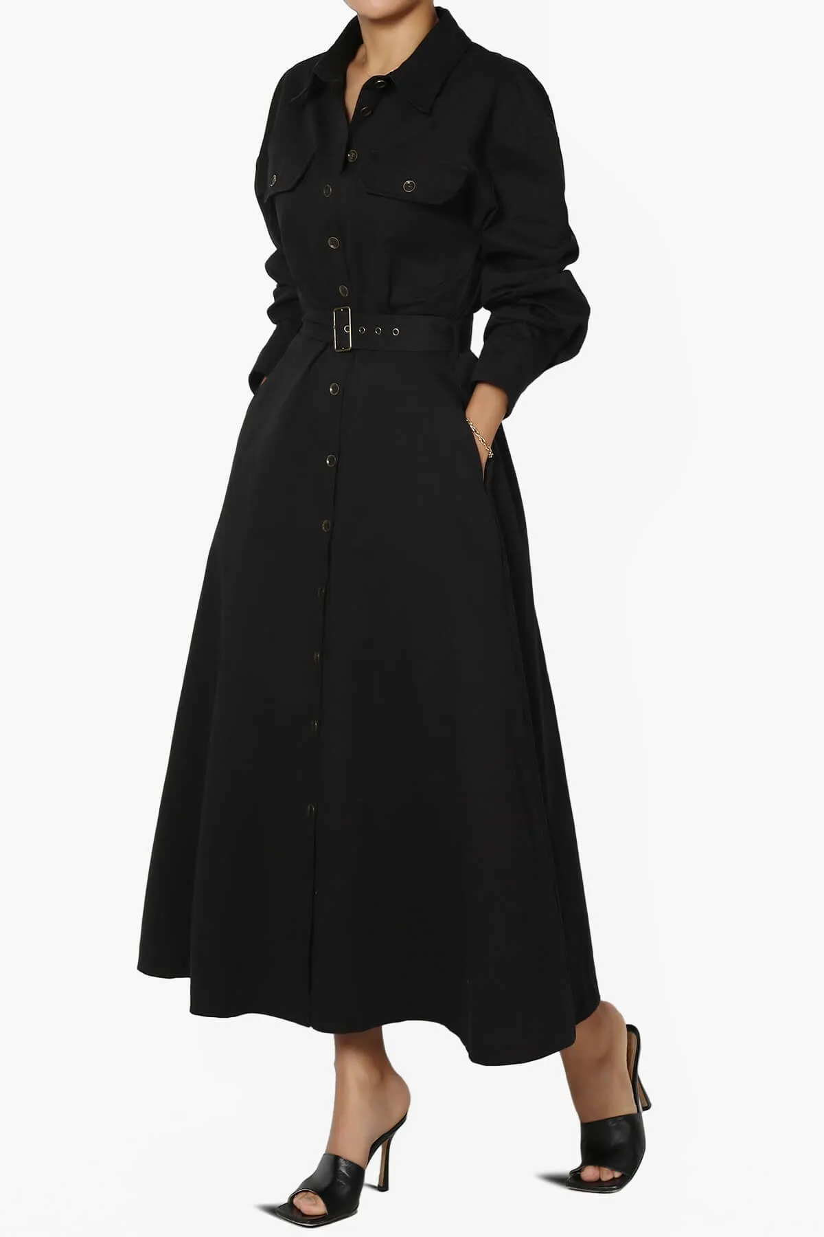 Raffia Twill Button Down Long Shirt Dress