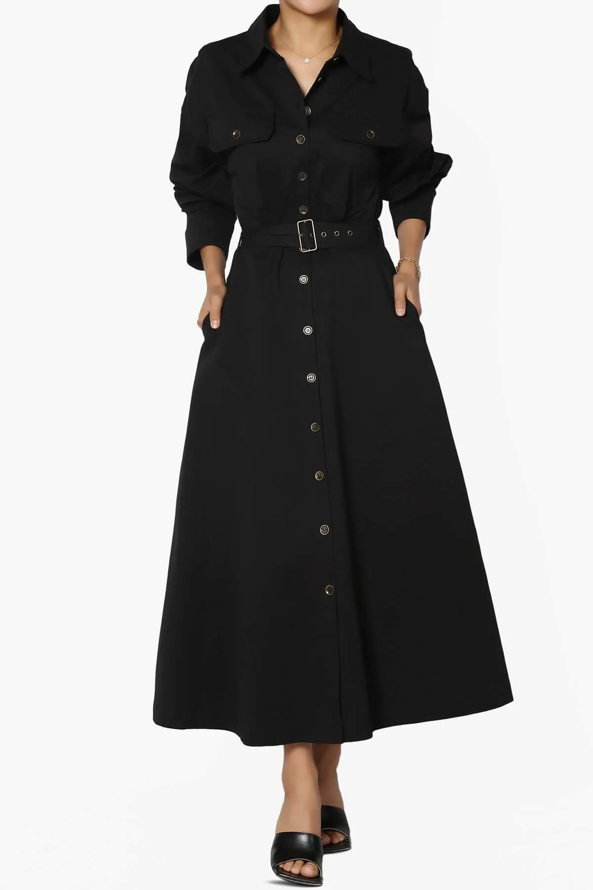 Raffia Twill Button Down Long Shirt Dress