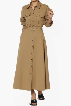 Raffia Twill Button Down Long Shirt Dress