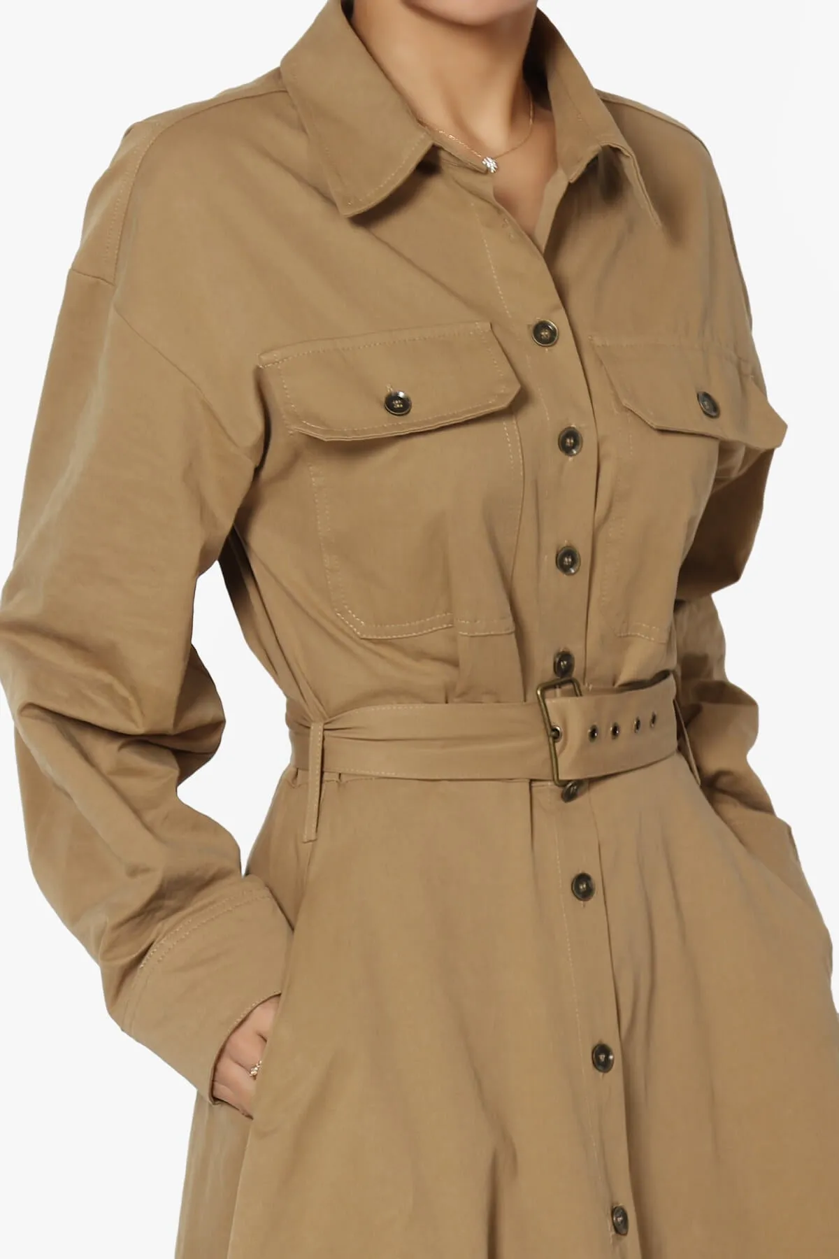 Raffia Twill Button Down Long Shirt Dress