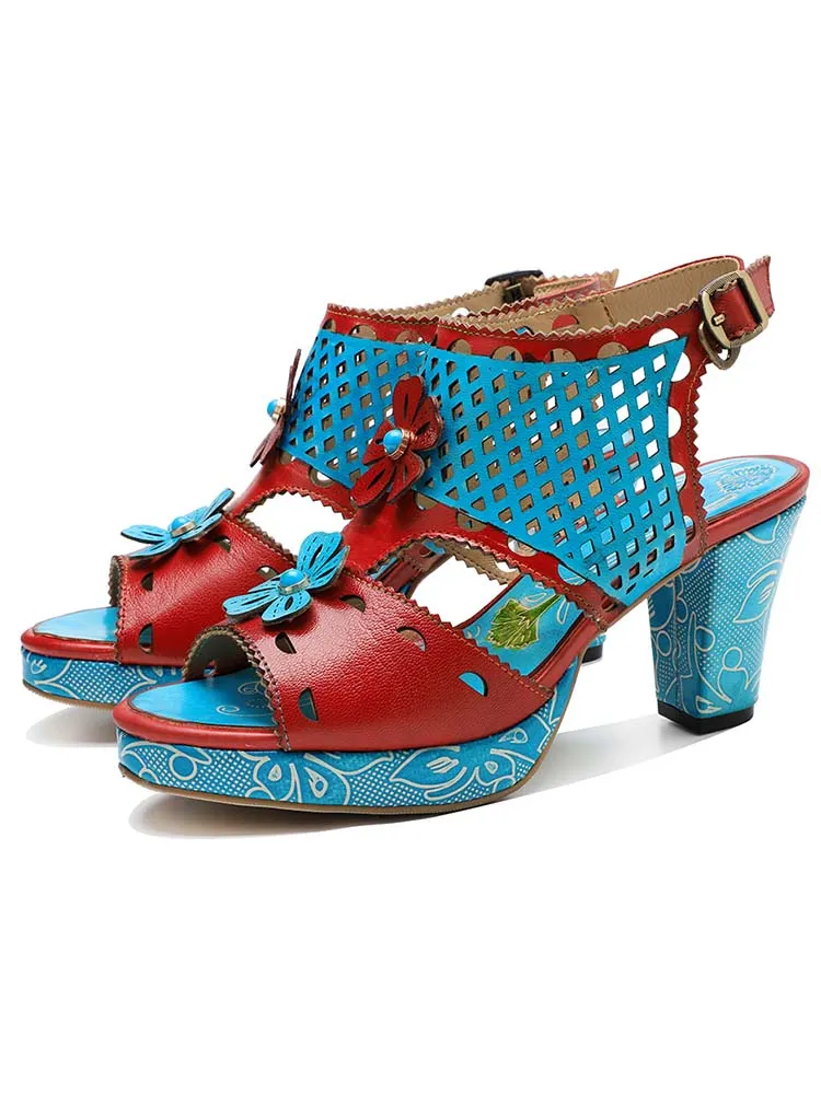 Red & Blue Laser Cut-Out Leather Floral Sandals