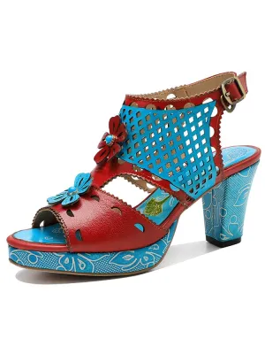 Red & Blue Laser Cut-Out Leather Floral Sandals