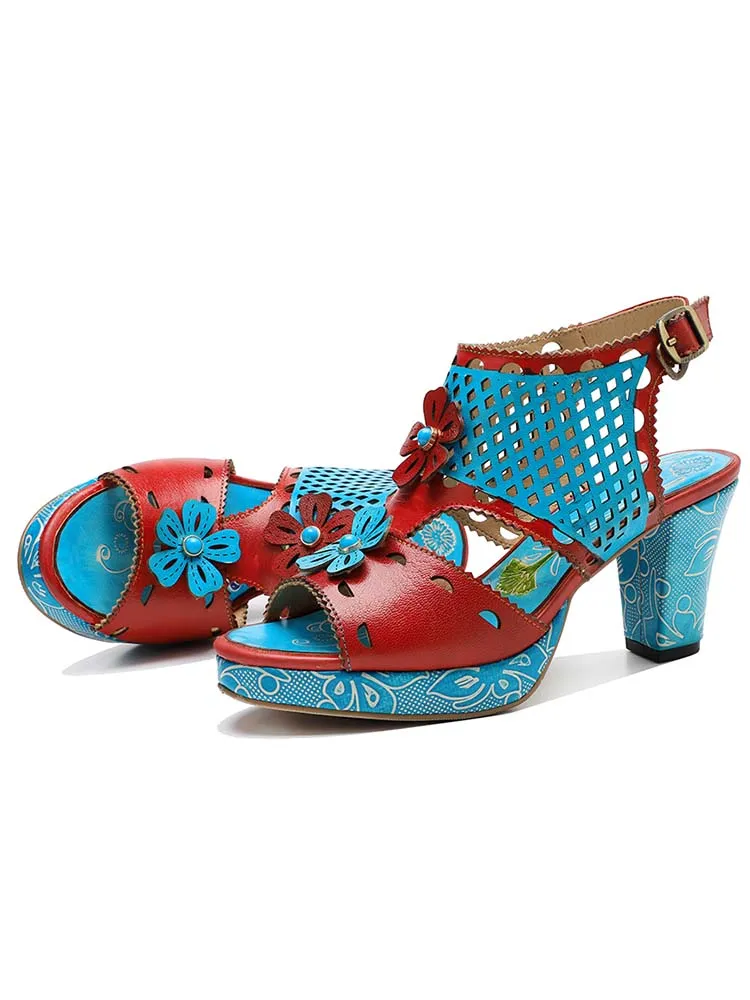 Red & Blue Laser Cut-Out Leather Floral Sandals