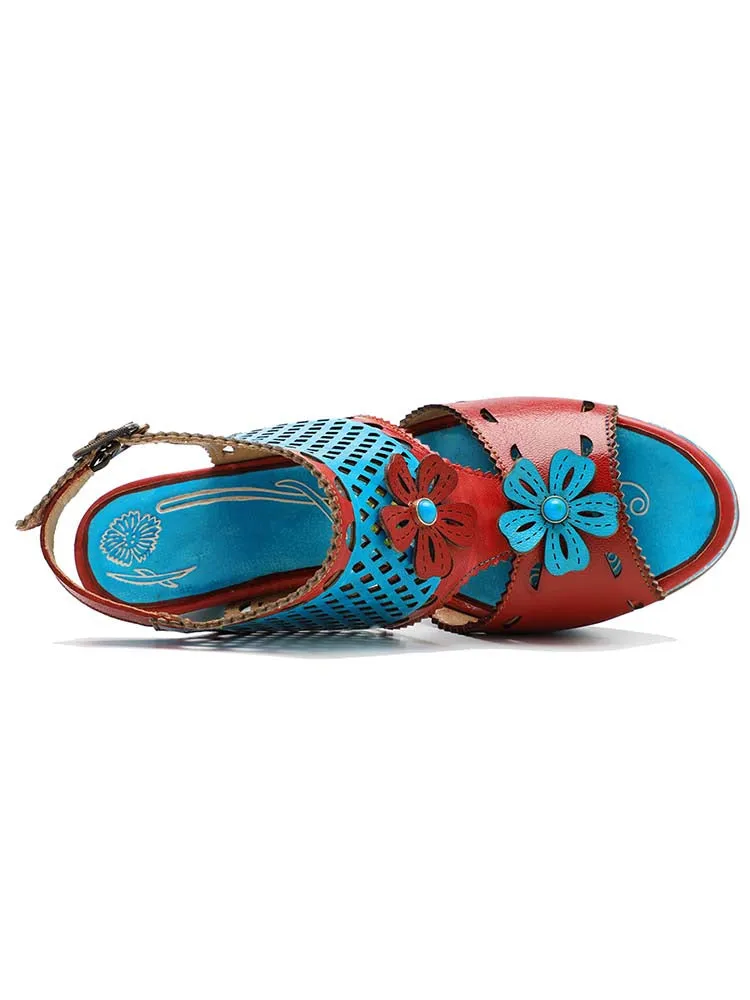 Red & Blue Laser Cut-Out Leather Floral Sandals