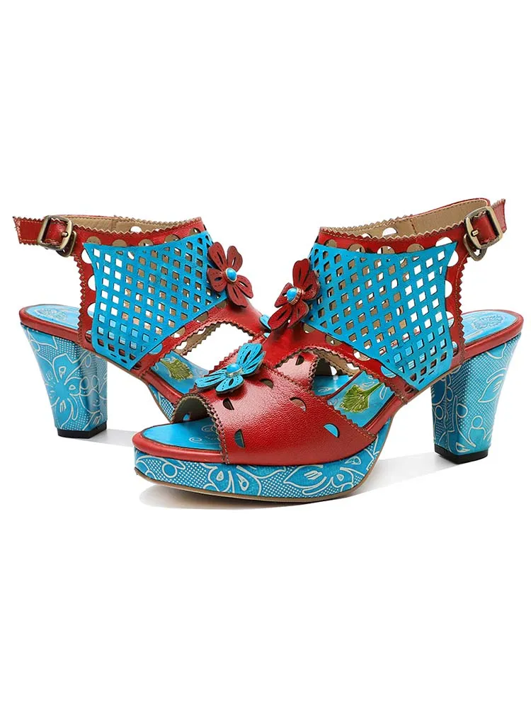 Red & Blue Laser Cut-Out Leather Floral Sandals