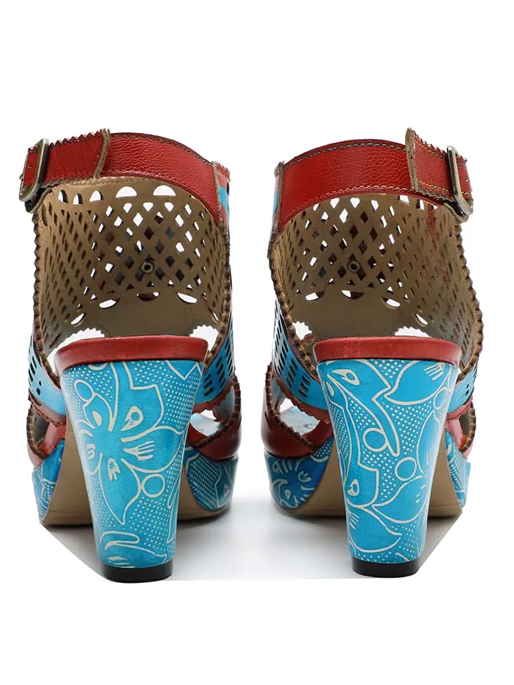 Red & Blue Laser Cut-Out Leather Floral Sandals