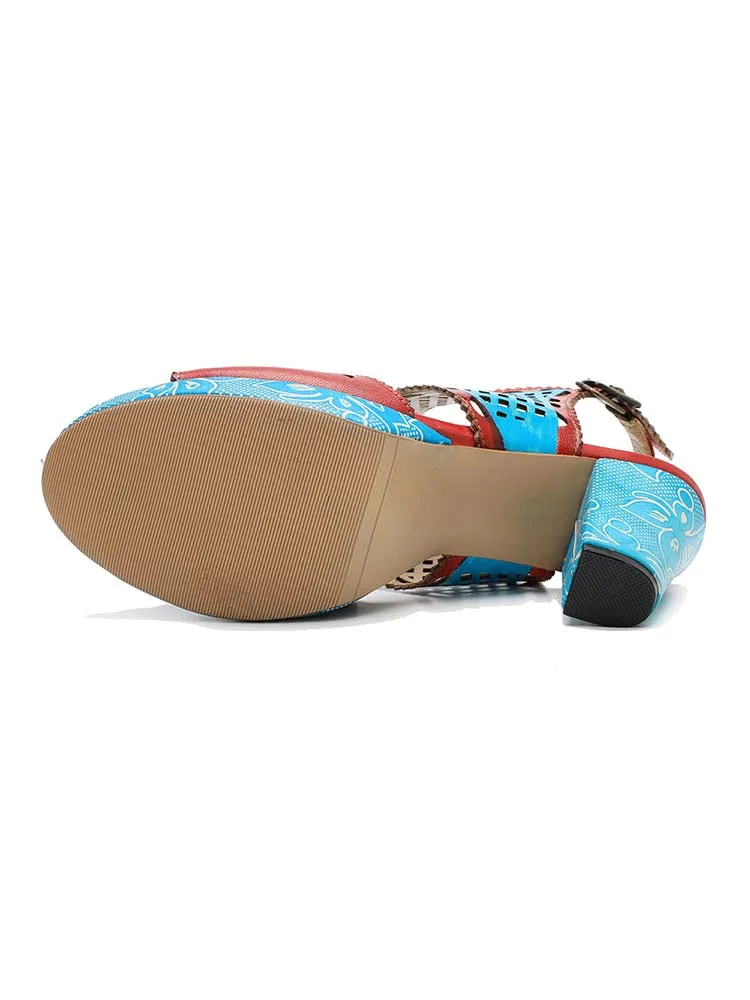 Red & Blue Laser Cut-Out Leather Floral Sandals