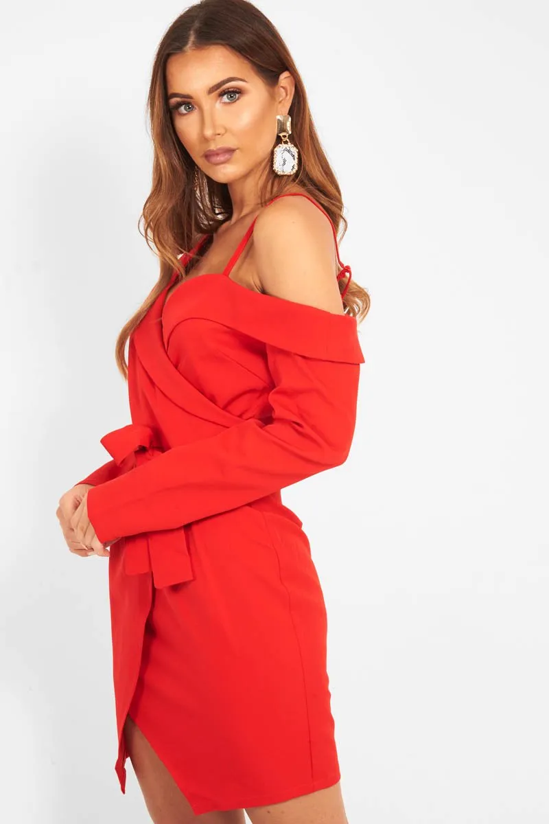 Red Off The Shoulder Blazer Dress - Halia