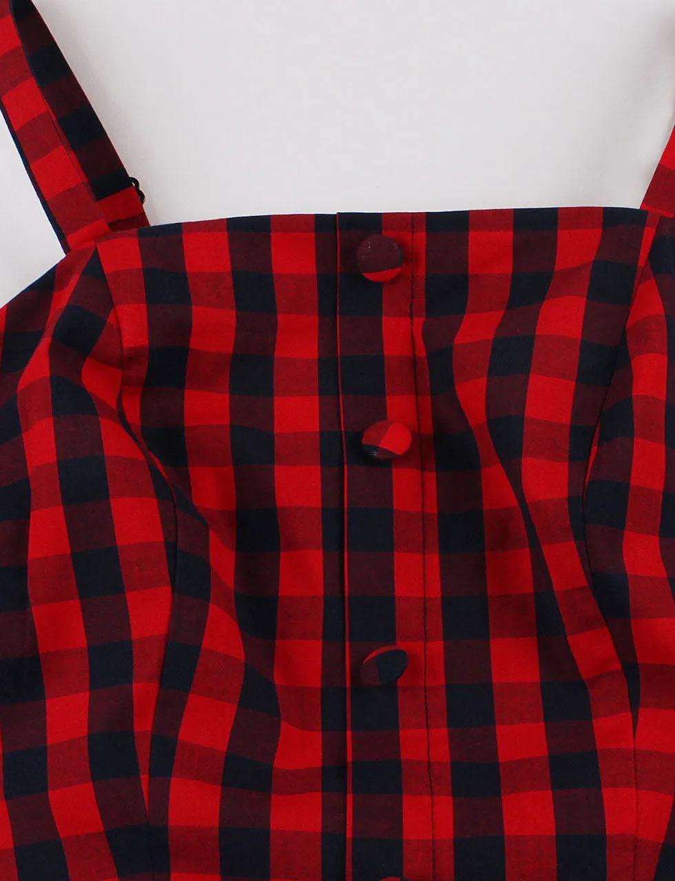 Red Plaid Spaghetti Strap Elastic Back High Waist 1950 Vintage Dress