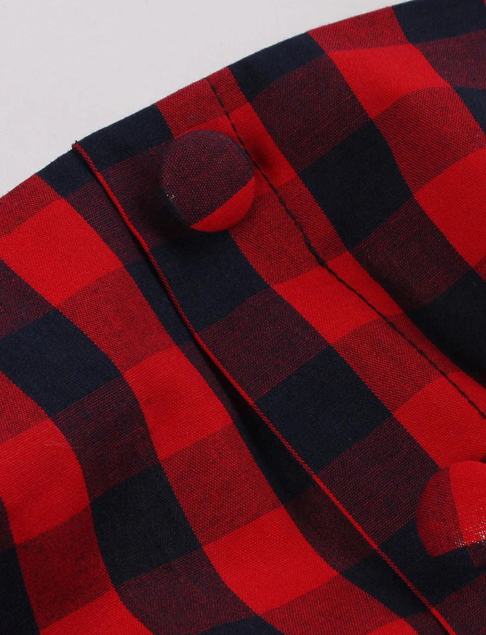 Red Plaid Spaghetti Strap Elastic Back High Waist 1950 Vintage Dress