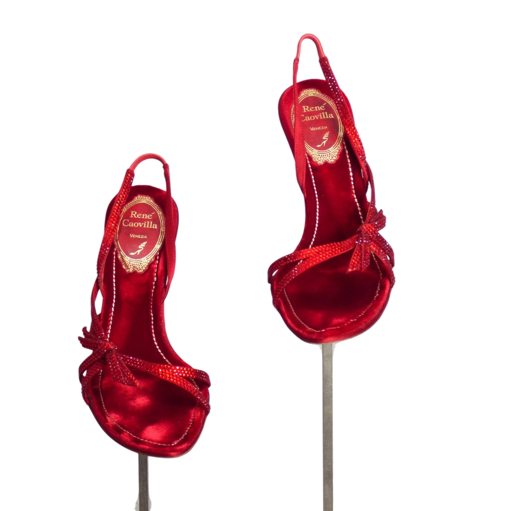 RENE CAOVILLA- Red Rhinestone Evening Sandals, Size 35