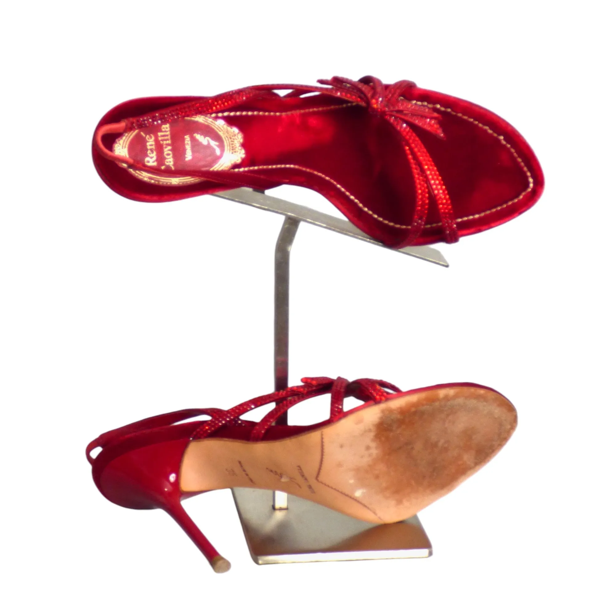 RENE CAOVILLA- Red Rhinestone Evening Sandals, Size 35
