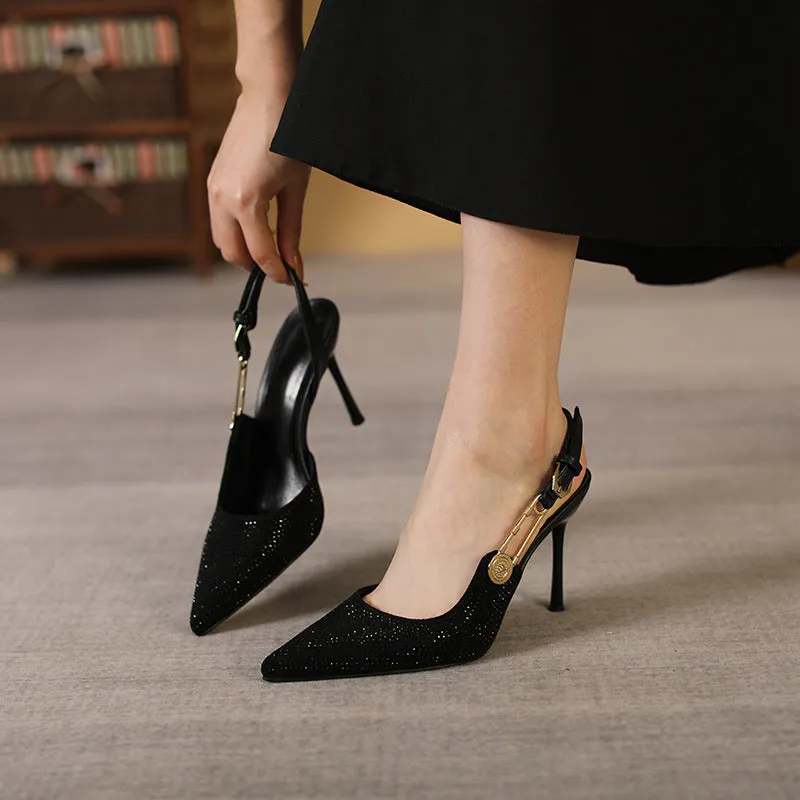 Rhinestone Point Toe Stiletto Slingback Pumps