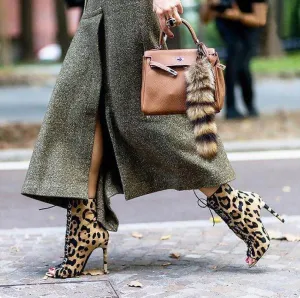 Roman Leopard-printed Pointed Strap High Heel Boots