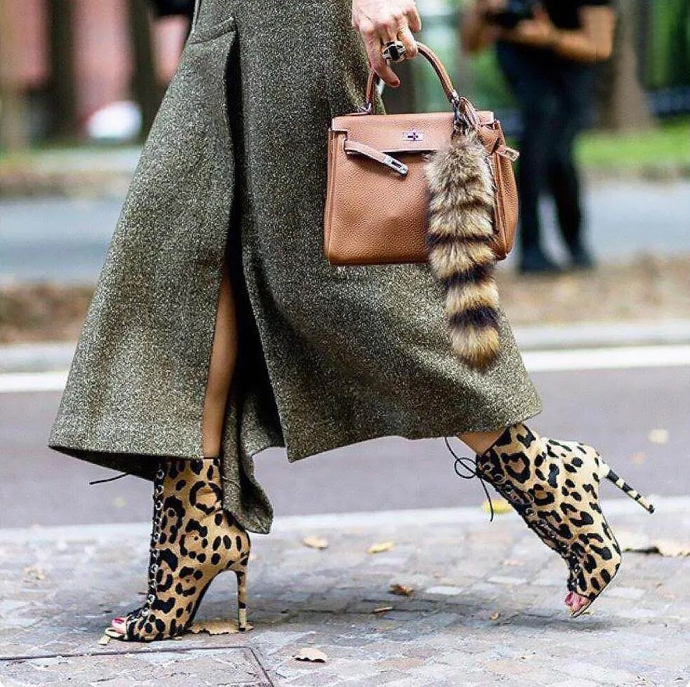 Roman Leopard-printed Pointed Strap High Heel Boots