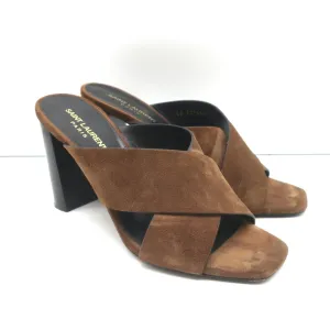 Saint Laurent Loulou Crisscross Mule Sandals Brown Suede Size 39 Open Toe Heels