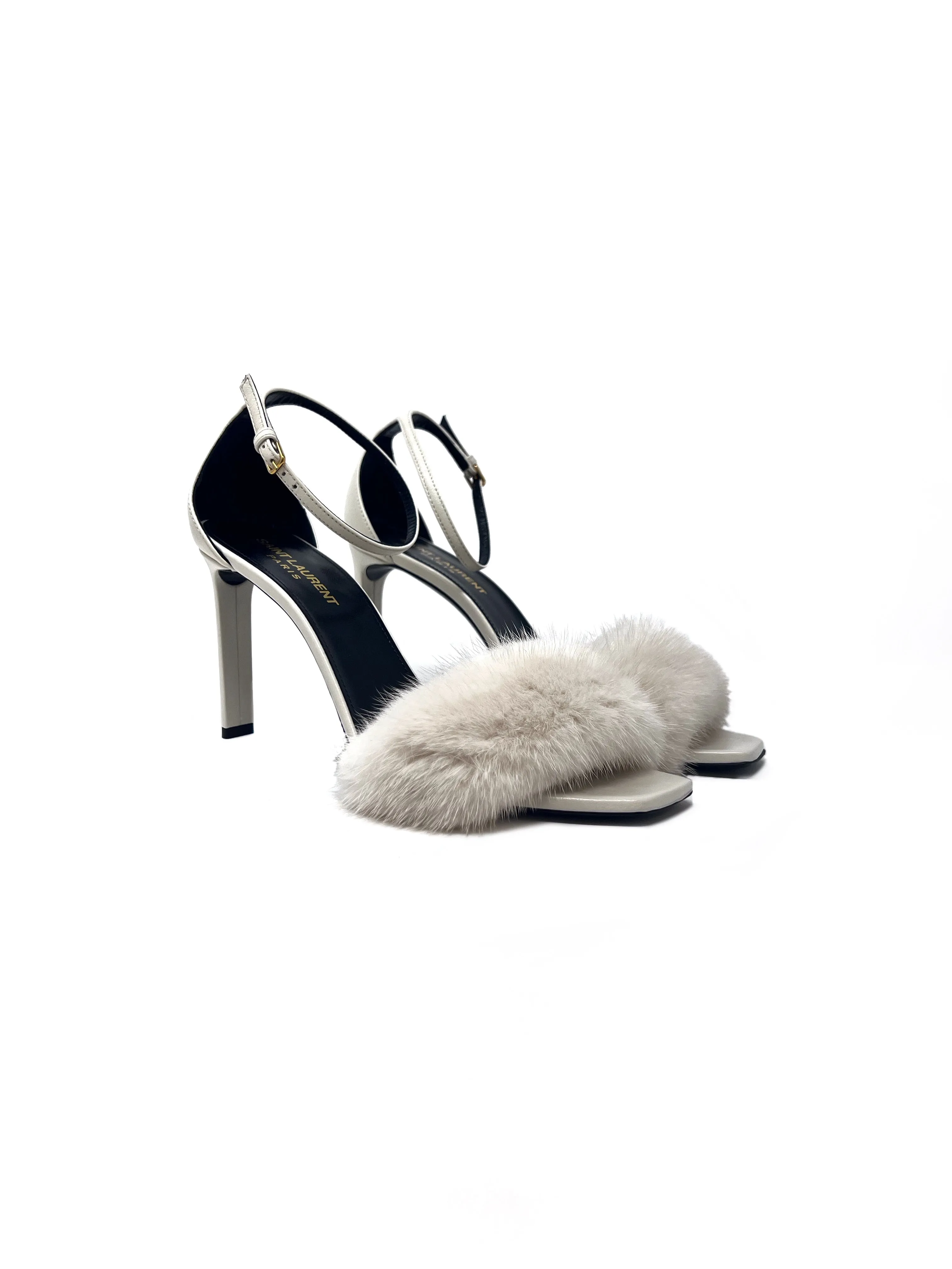 Saint Laurent Size 38 'Bea' Mink & Leather Strap High Heels