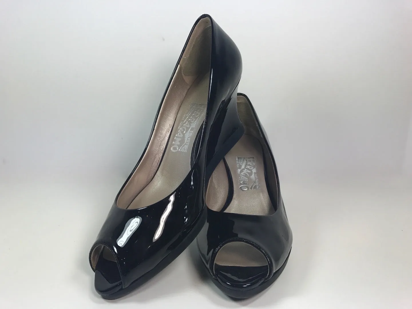 SALVATORE FERRAGAMO Black Open Toe Patent Leather Wedge Heel Size 7 1/2
