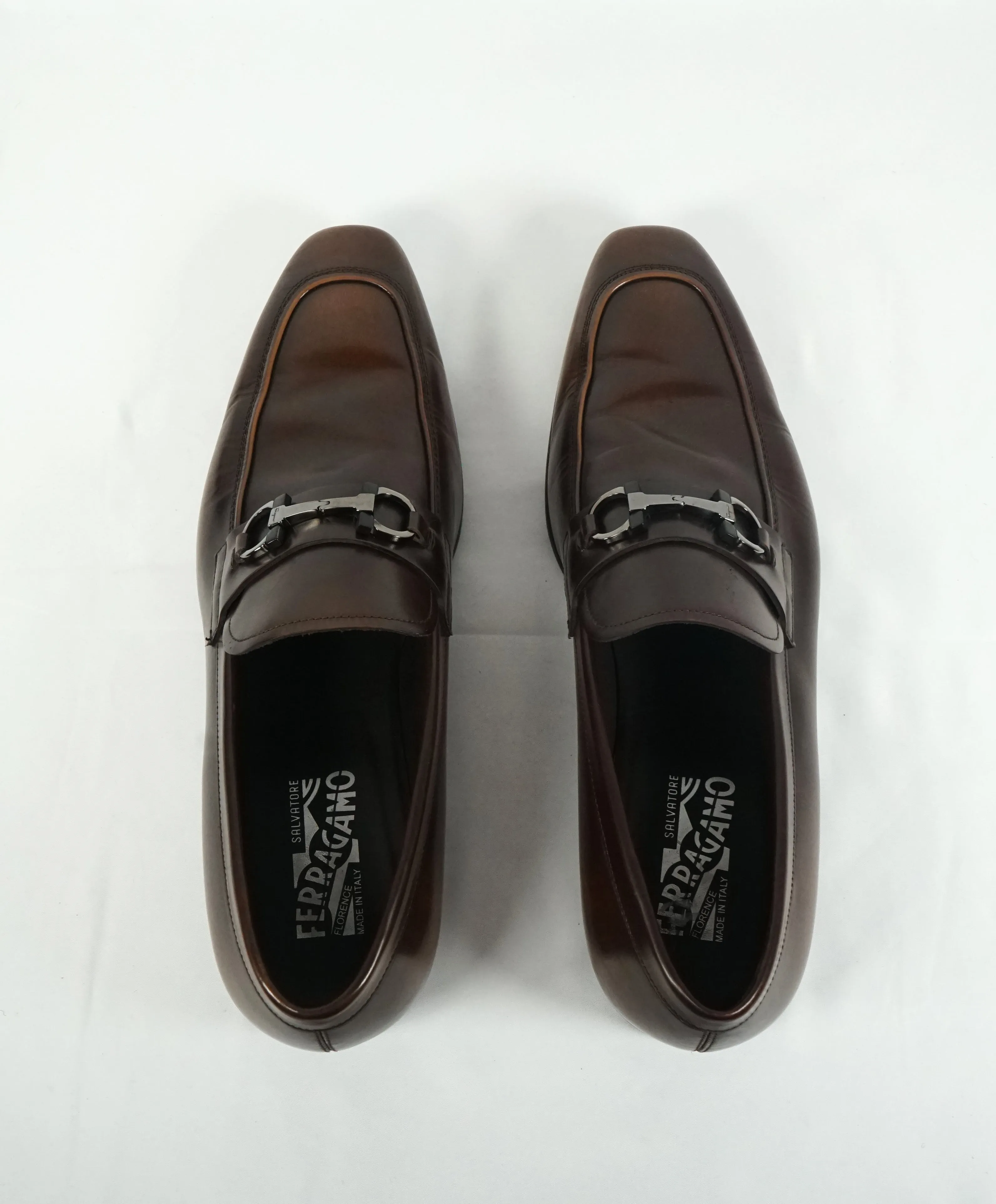 SALVATORE FERRAGAMO -“Dinamo” 2 Tone Gancini Bit Brown Leather Loafers - 11.5 EE