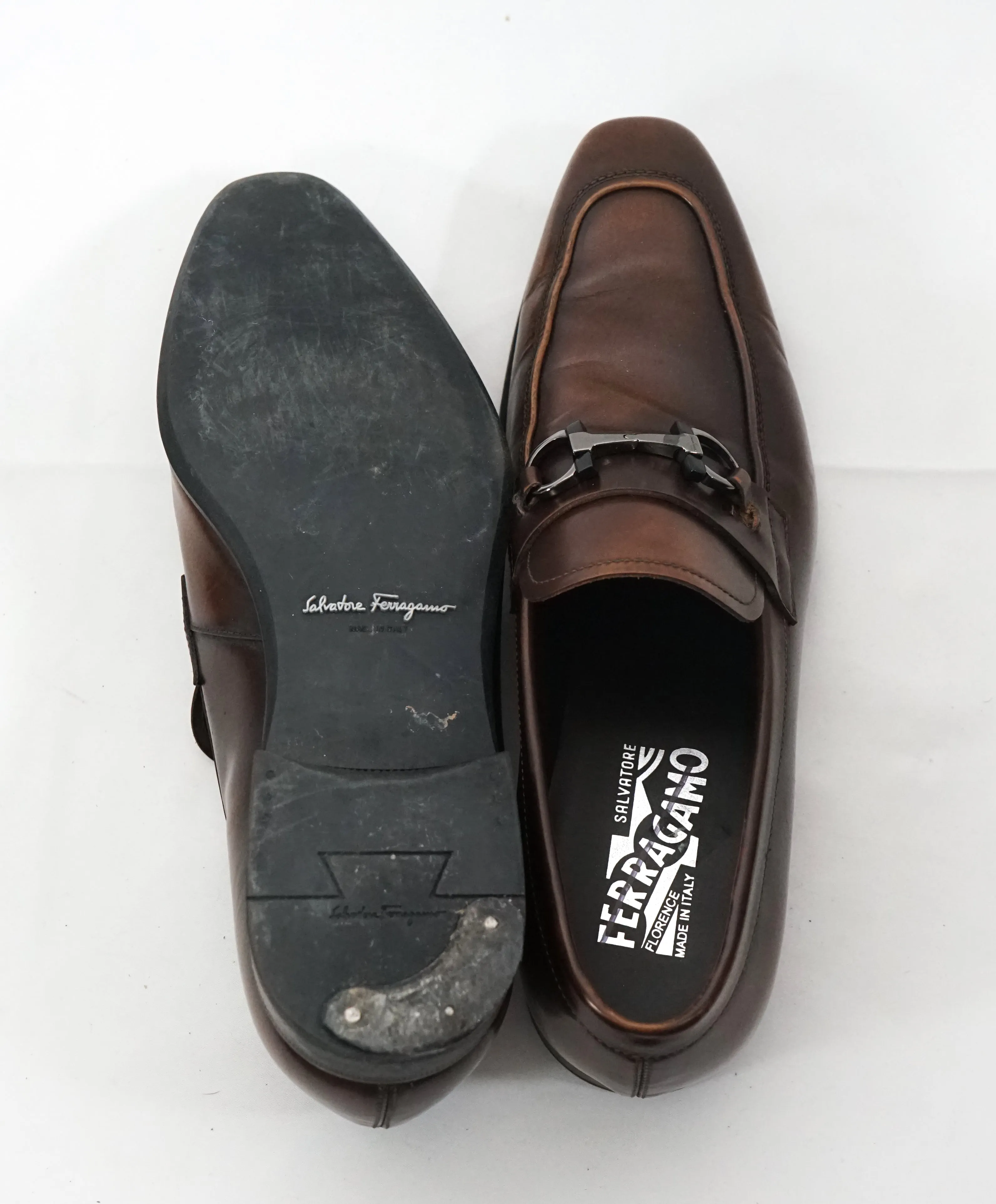 SALVATORE FERRAGAMO -“Dinamo” 2 Tone Gancini Bit Brown Leather Loafers -8.5 D