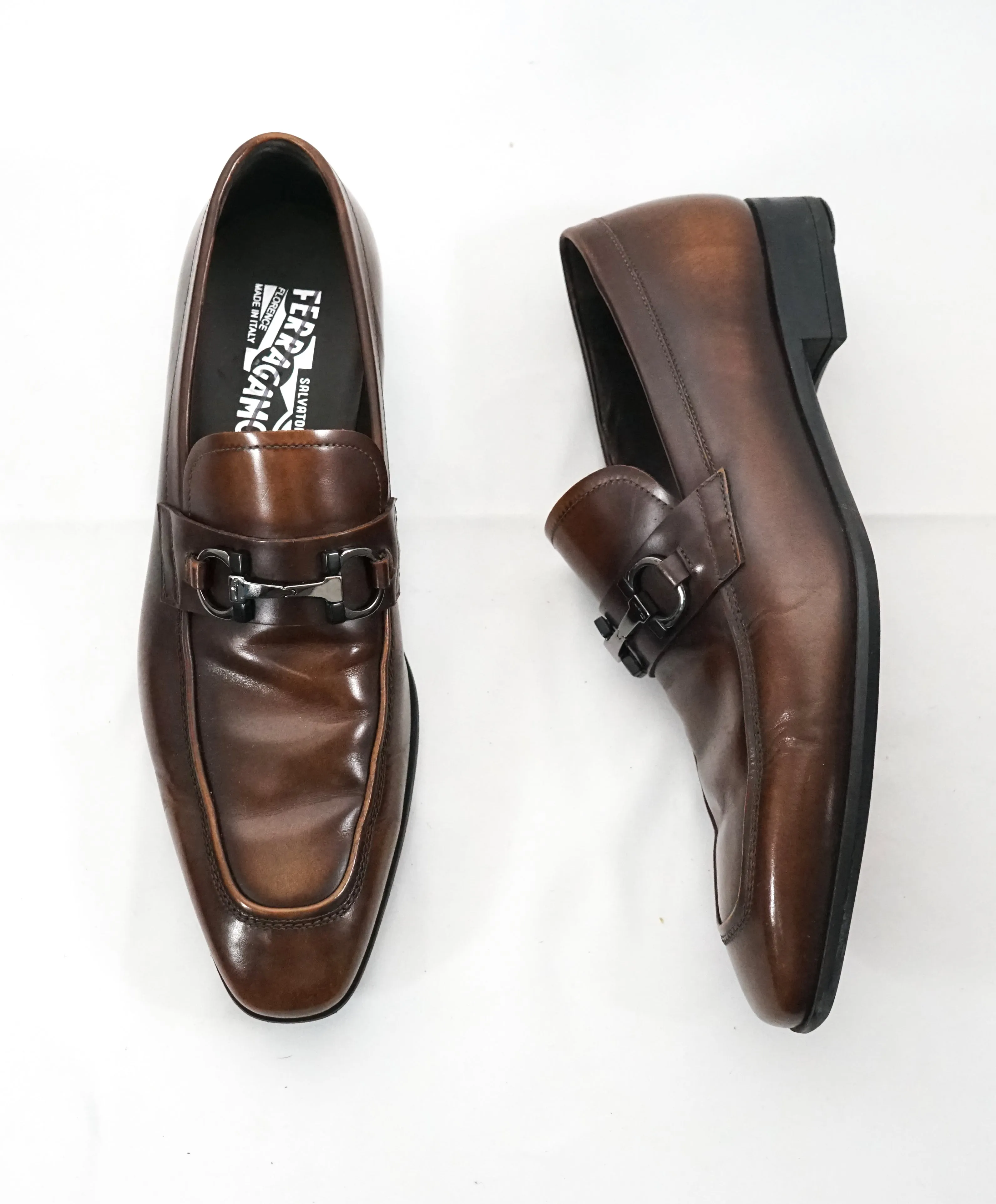 SALVATORE FERRAGAMO -“Dinamo” 2 Tone Gancini Bit Brown Leather Loafers -8.5 D