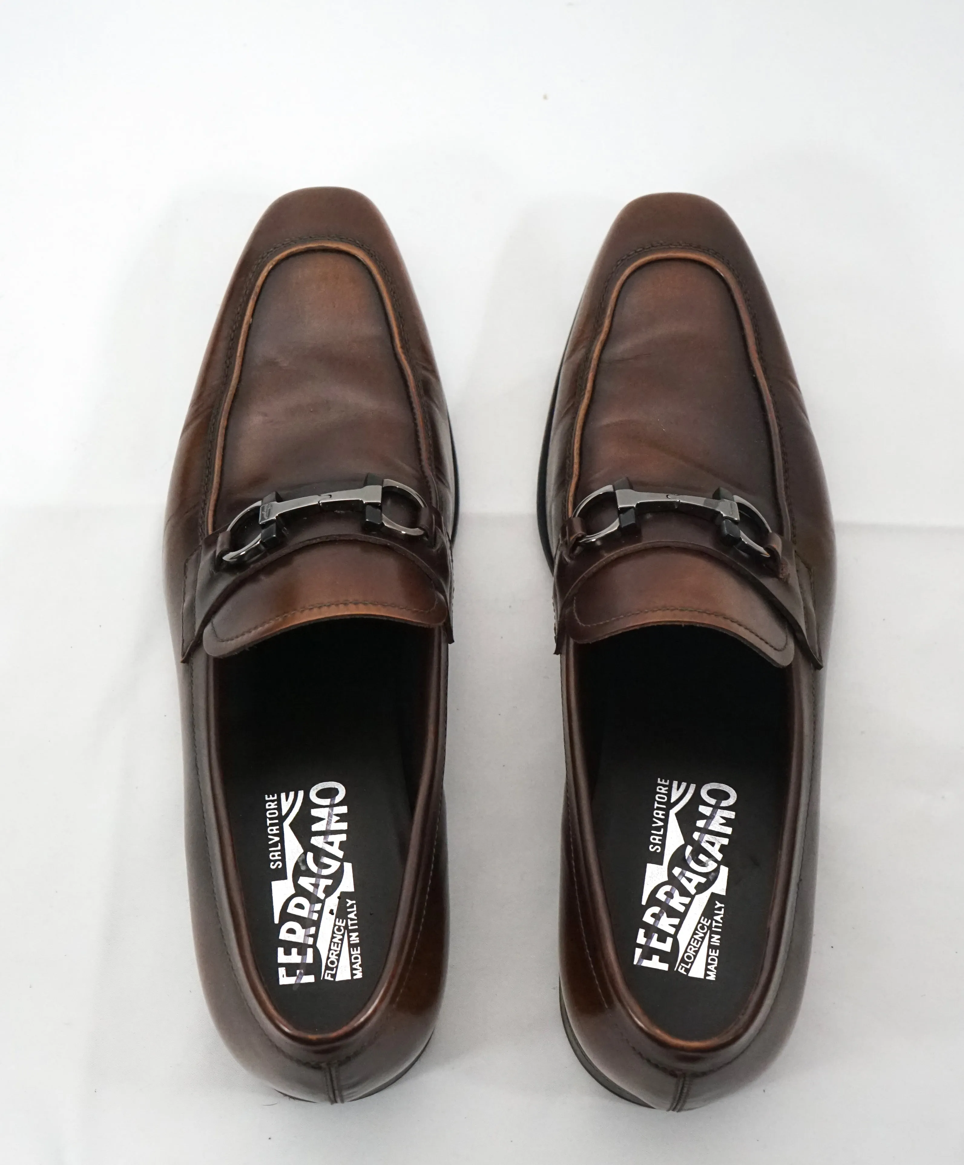 SALVATORE FERRAGAMO -“Dinamo” 2 Tone Gancini Bit Brown Leather Loafers -8.5 D