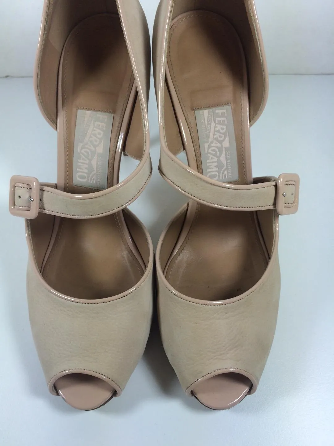 SALVATORE FERRAGAMO Nude Suede and Patent Leather Peep Toe Pumps Size 9 1/2