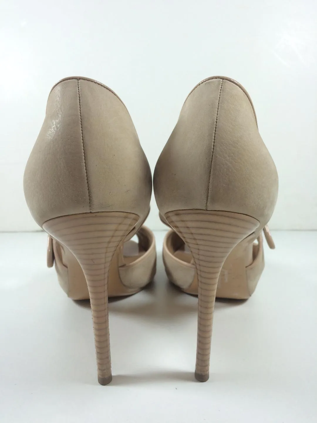 SALVATORE FERRAGAMO Nude Suede and Patent Leather Peep Toe Pumps Size 9 1/2