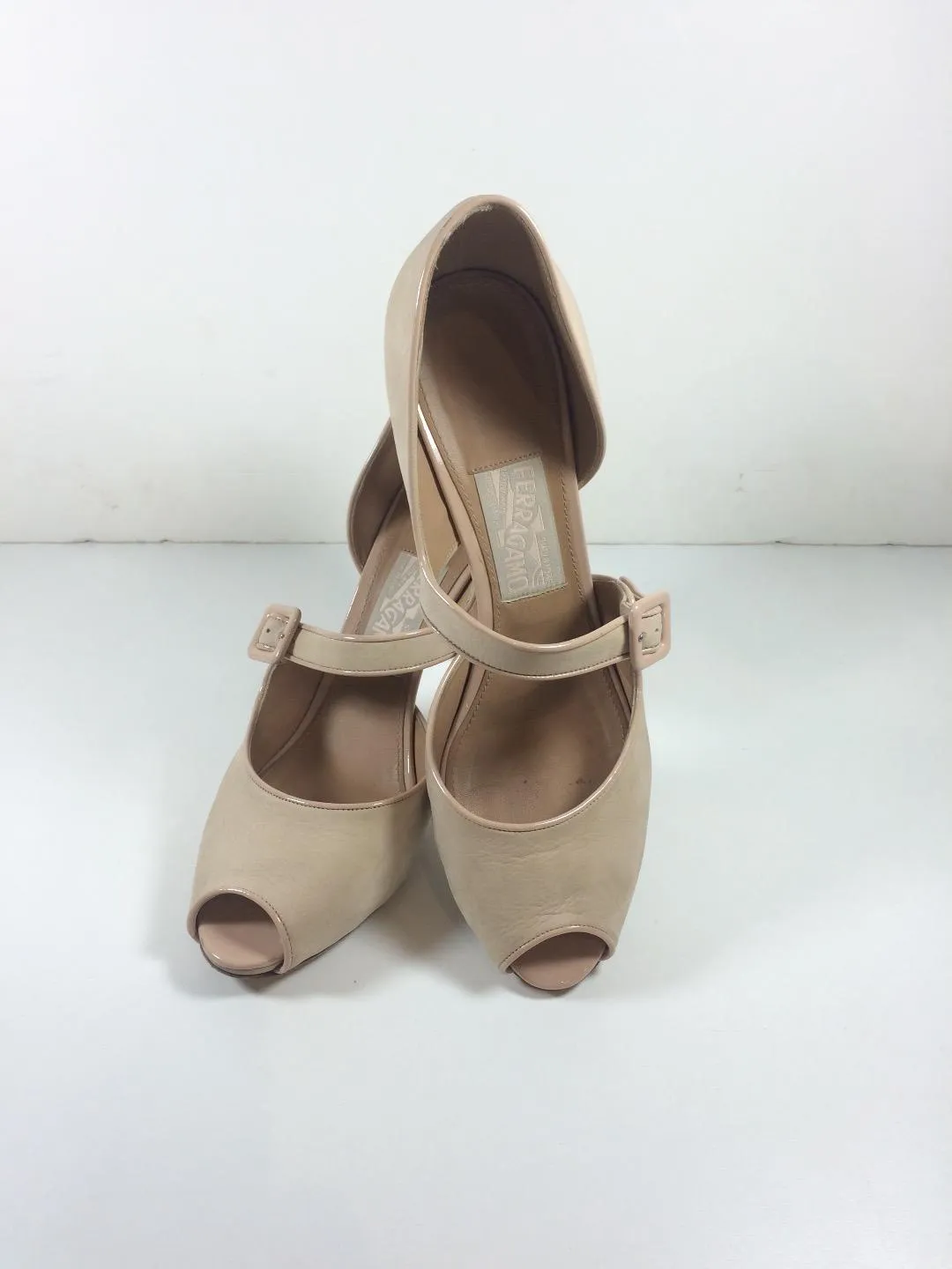 SALVATORE FERRAGAMO Nude Suede and Patent Leather Peep Toe Pumps Size 9 1/2