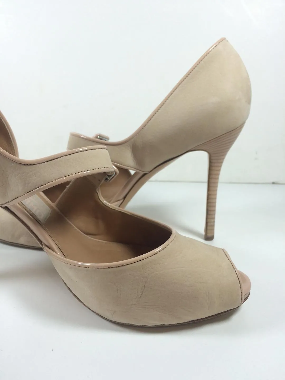 SALVATORE FERRAGAMO Nude Suede and Patent Leather Peep Toe Pumps Size 9 1/2