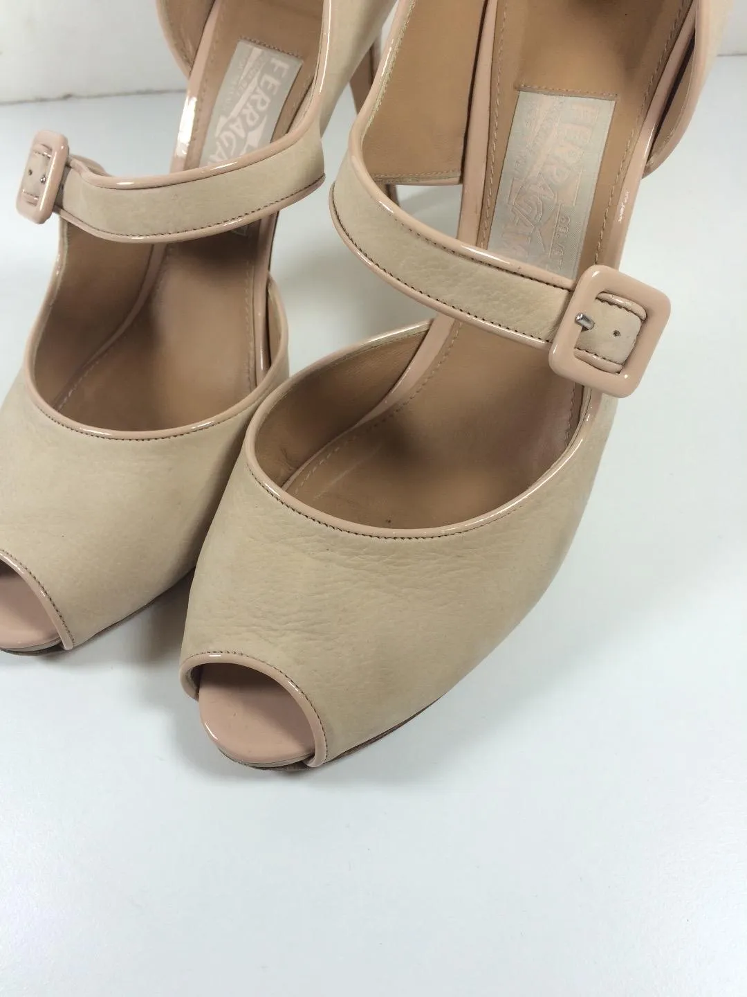 SALVATORE FERRAGAMO Nude Suede and Patent Leather Peep Toe Pumps Size 9 1/2