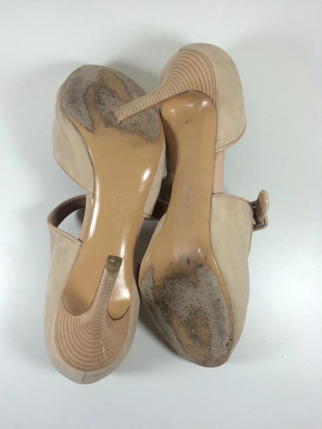 SALVATORE FERRAGAMO Nude Suede and Patent Leather Peep Toe Pumps Size 9 1/2