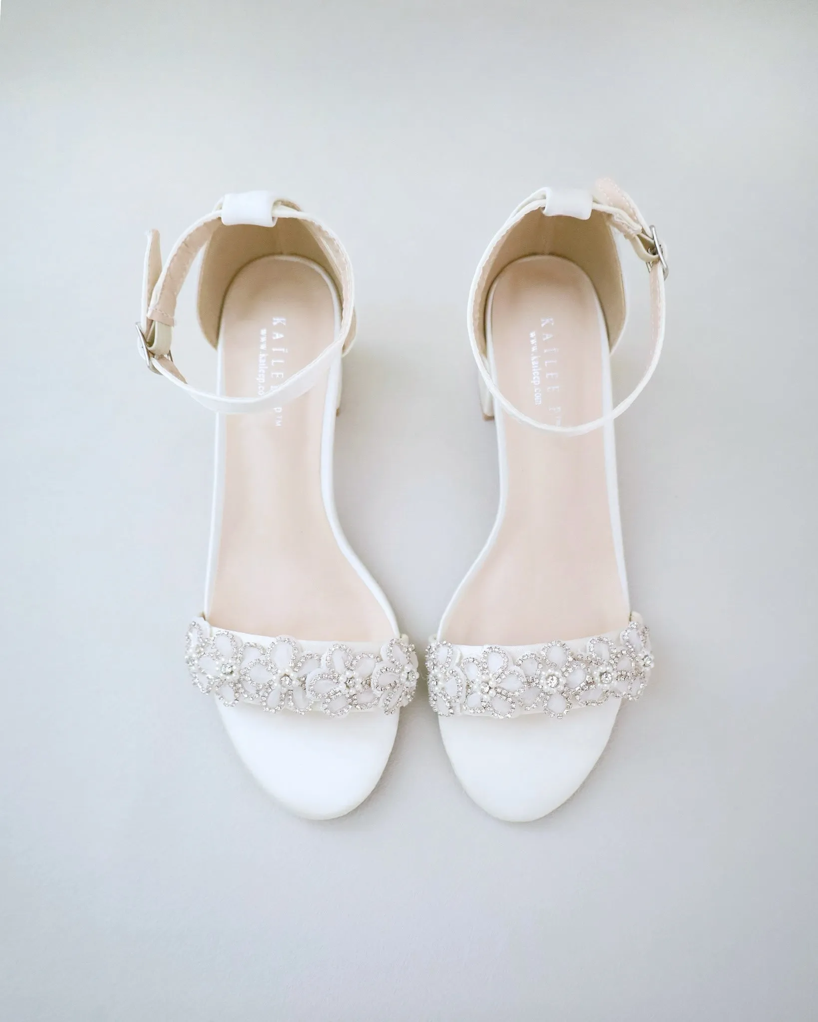 Satin Block Heel Wedding Sandals with Rhinestones Chassia Flower