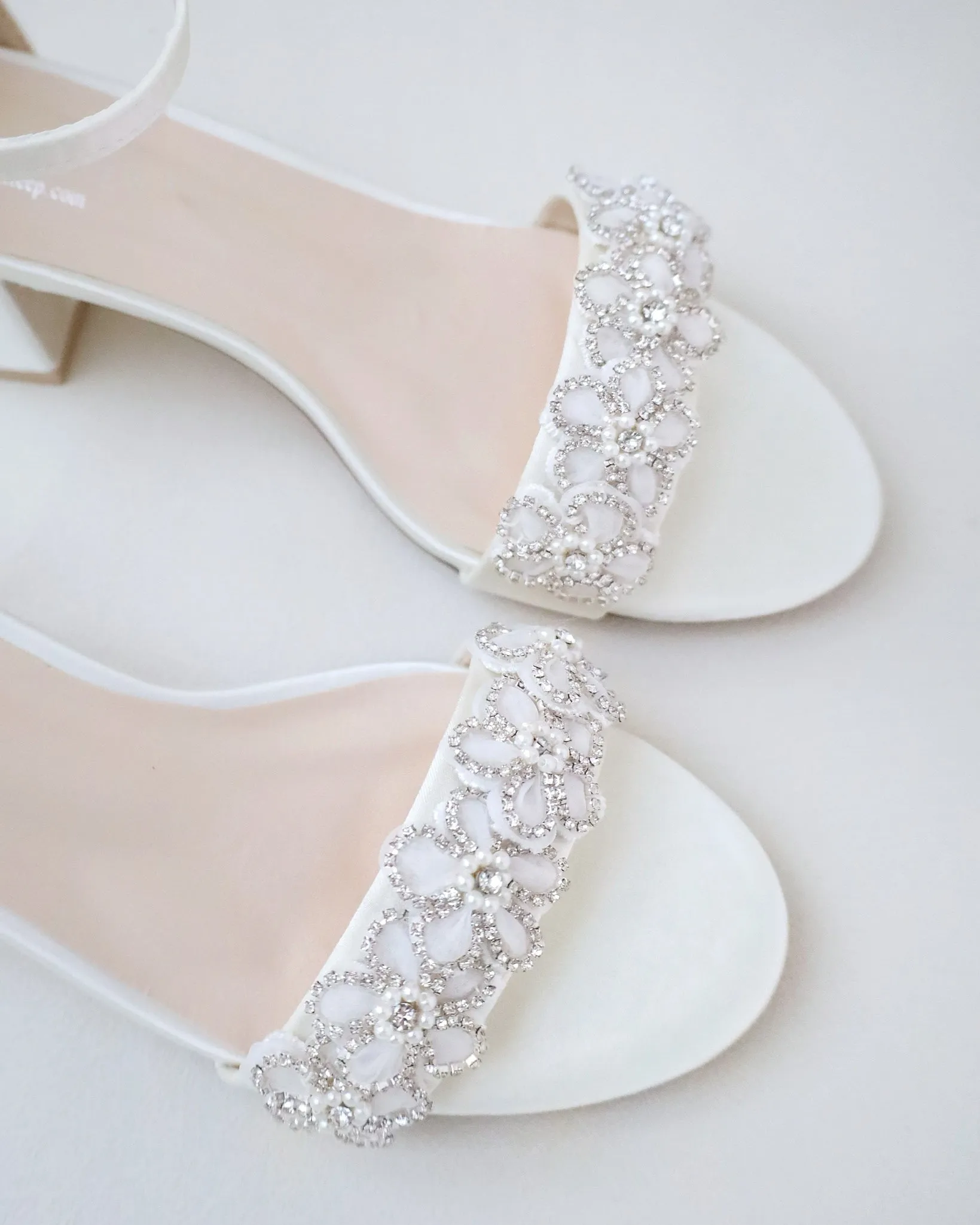 Satin Block Heel Wedding Sandals with Rhinestones Chassia Flower