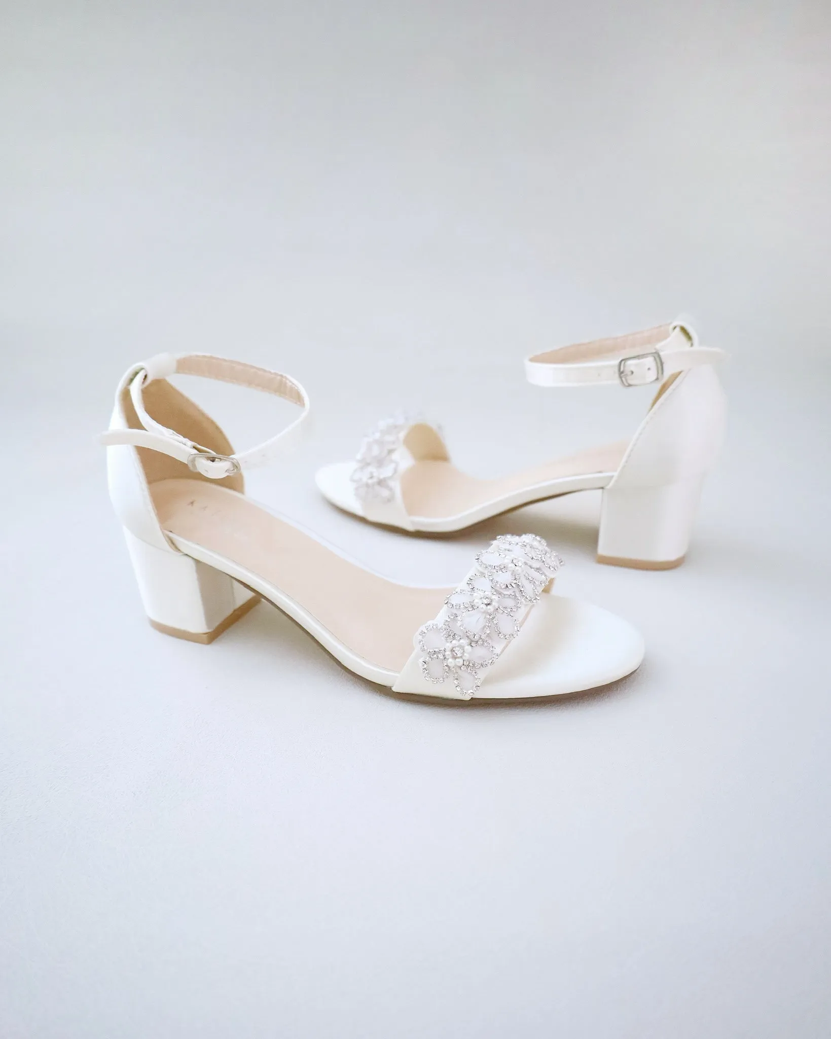Satin Block Heel Wedding Sandals with Rhinestones Chassia Flower