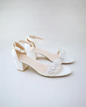 Satin Block Heel Wedding Sandals with Rhinestones Chassia Flower